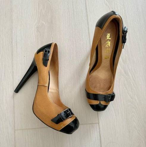 L.A.M.B. Platform Pumps Black Buckle Toe Heels