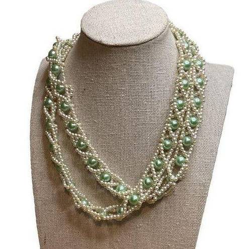 Twisted Long strand of Pearls  around light Green Beads Necklace