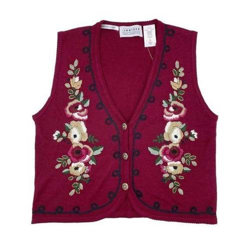 Jantzen Vintage  Classics Women's Floral Embroidered Sweater Vest Maroon Red NWT