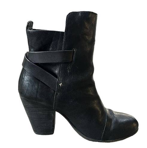 Rag and Bone  Leather Harlow Round Toe Adjustable Strap Heel Boots Black Sz 39 US 9