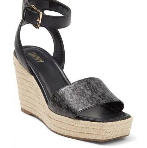 DKNY  Sandals Womens Size 6.5 Black Ankle Strap Espadrille Open Toe Wedges New