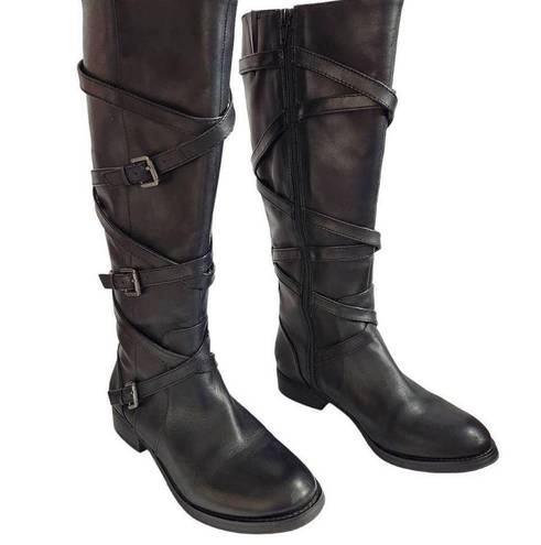 Arturo Chiang  black leather buckle tall boot moto size 7