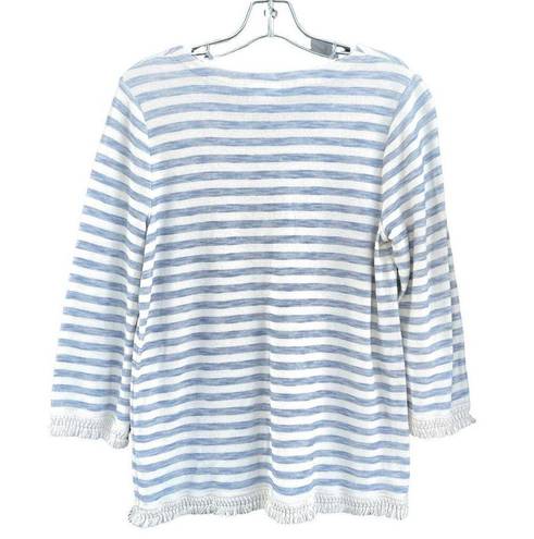 J.Jill  Long Sleeve White Blue Striped Fringe Shirt Size Small