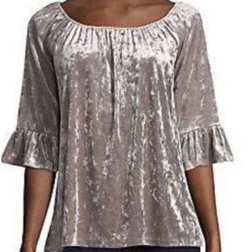 BEACH LUNCH LOUNGE Gray Velour Velvet Ruffle Bell Sleeve Scoop Neck Top Size S