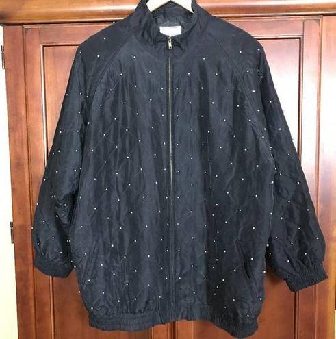 Vintage Venezia Vitale Windbreaker Jacket 100% Silk Black Fringe Stud Size 1X