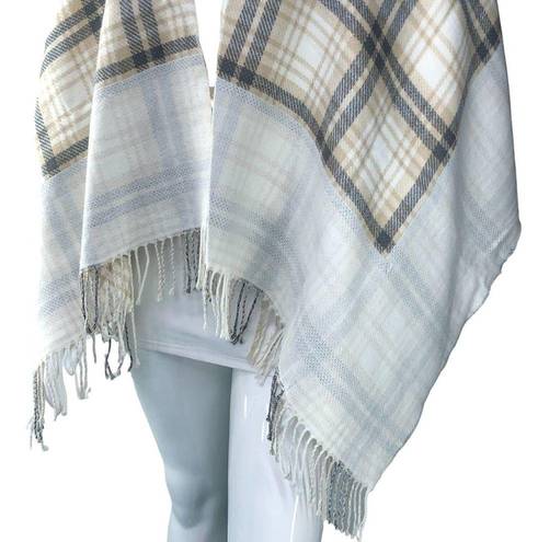 J.Jill  Womens One Size Poncho Sweater Wrap Plaid Acrylic Fringe Neutral Soft