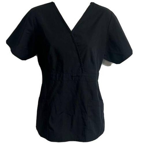 Dickies  womens faux wrap v neck black scrub top pockets stretch short sleeve s