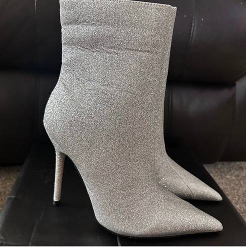 EGO DEVOTED POINTED TOE STILETTO HEEL ANKLE BOOT IN SILVER GLITTER