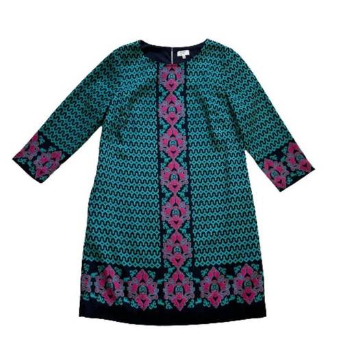 Crown & Ivy  Dress Shift 3/4 Sleeve Geo Elephant Print Navy Turquoise Pink Size 8