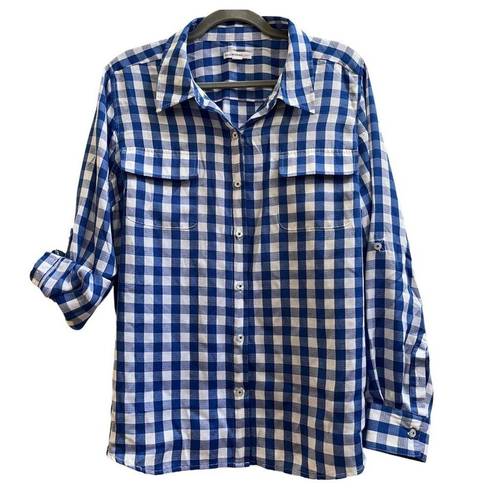 Isaac Mizrahi  Live Blue White Gingham Print Roll Tab Sleeve Button Shirt Size 16