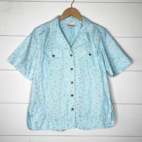 Ganni  Floral Organic Cotton Poplin Button-up Shirt In Blue