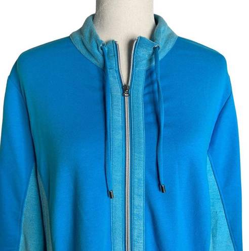 Chico's  Full Zip Athletic Sweatshirt L Blue Drawstring Neck Pockets Stretch