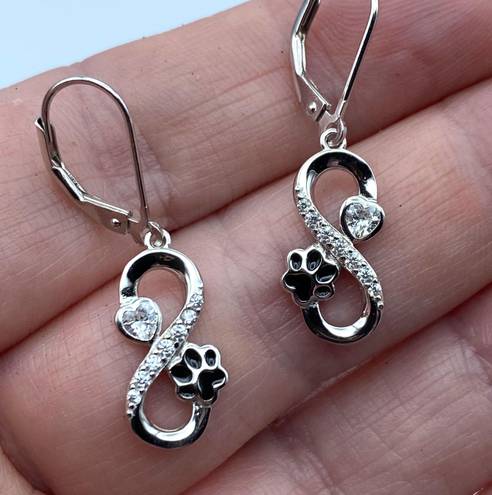 infinity Pet Paw  Sterling Silver CZ Heart Earrings Lever Back