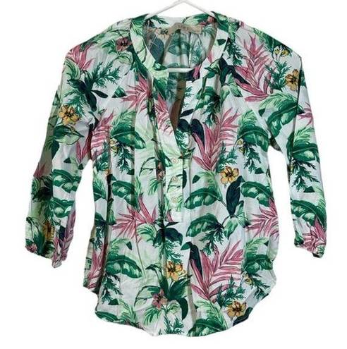The Loft Petite Women's Tropical Flamingos Palm Trees White Casual Button Shirt XSP