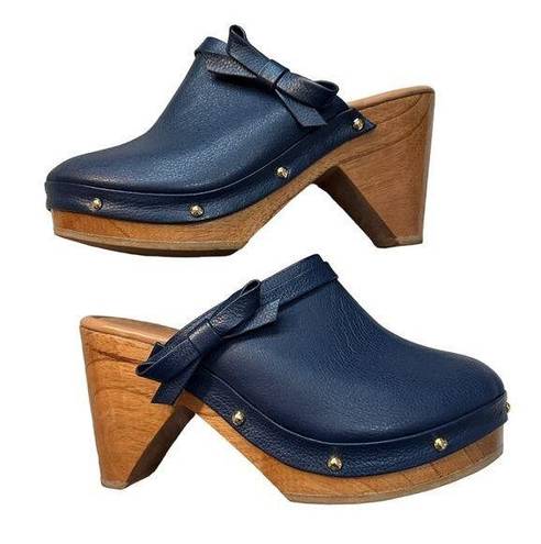 SILVIA COBOS Sz 8 Navy Bow DAILY CLOG LEATHER SLIP ON CLOGS Wood Platform Heel