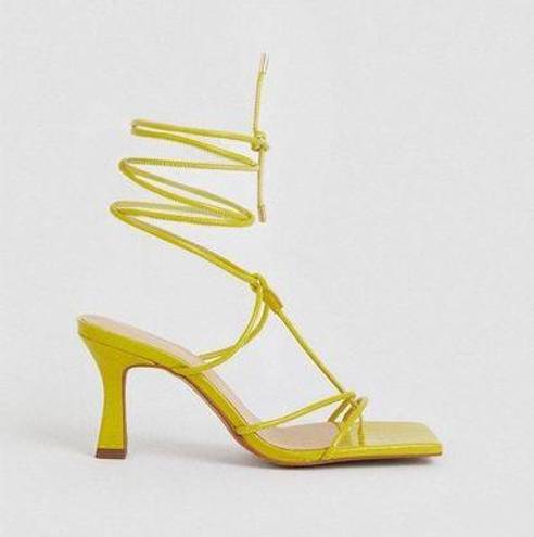 Karen Millen  Leather Ankle Tie Heeled Sandal Lime Green Yellow Neon Square Toe