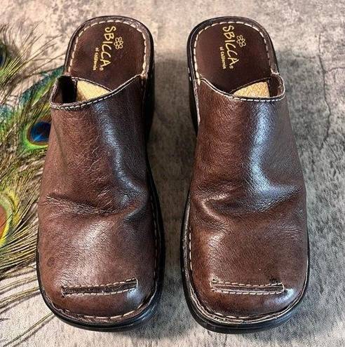 sbicca  of CA Womens Leather Mules sz 7.5 Heeled Slide Shoes Brown Boho Cottage