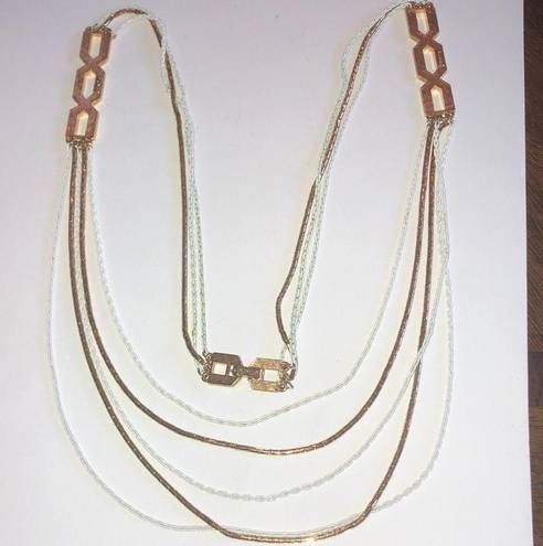 Monet  Vintage Gold Tone & Off White Enamel Multi Strand Retro Boho Necklace