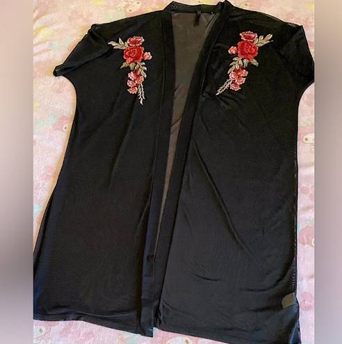 Windsor Black Rose Embroidered Sheer Back Kimono