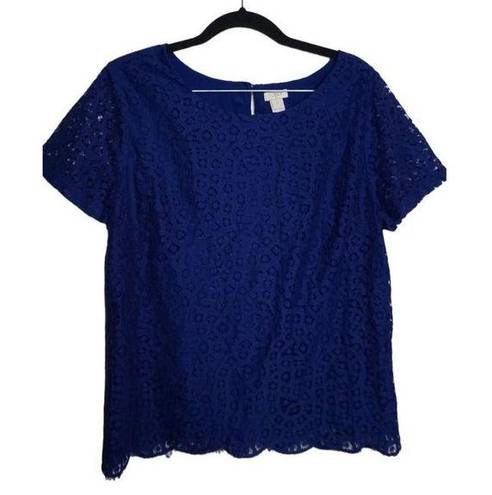 J.Crew  Women's Blue Geometric Lace Lined Sz 8 Short Sleeve Blouse‎