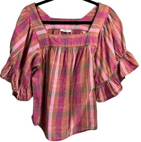 Beach Lunch Lounge Plaid Linen Blend Blouse Top M