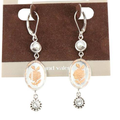 ma*rs New  and Valentine Vintage Sterling Silver Pearl Rose Crystal Dangle Earring