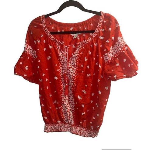 The Moon ✨Ella Top Boho Sz Large  Shirt Red Smocked Waist Ruffle Sleeve Tassel Tie✨