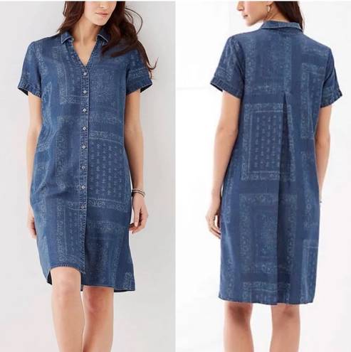 J.Jill  blue paisley print button up denim shirt dress 