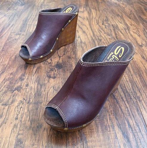 sbicca  • Guthrie wedge sandal platform brown leather peep toe mule slide clog