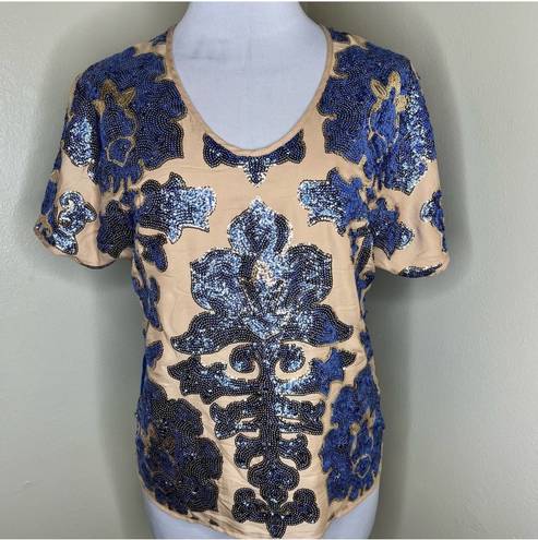 Tracy Reese Neiman Marcus Sequin Top SMALL Blue Nude Scoop Neck Party Blouse