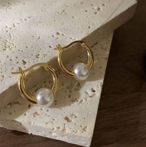 18K Gold Plated White Pearl Hoop Earrings for Women, Pearl Earrings