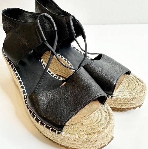 Eileen Fisher  Agnes Slip On Espadrilles Wedge Sandals Black Leather Women's 7