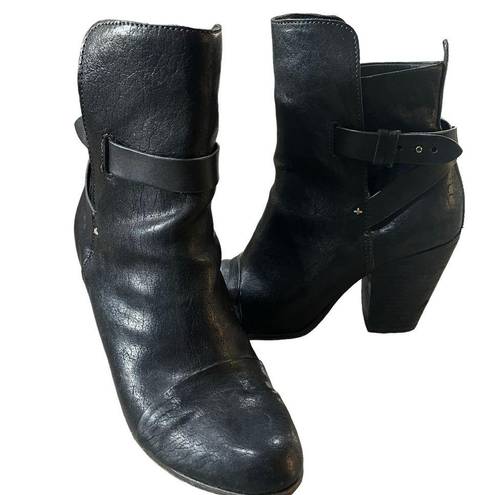 Rag and Bone  Leather Harlow Round Toe Adjustable Strap Heel Boots Black Sz 39 US 9