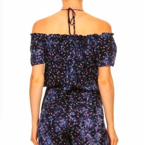 One Piece Floral Romper Off Shoulder Cold Navy Shorts Flowers  Outfit Jumpsuit L