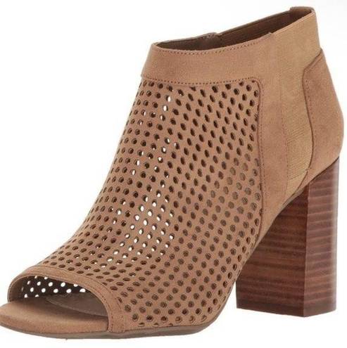 Guess  Olysa Perforated Upper Taupe Block Heel Open Toe Bootie Size 5.5