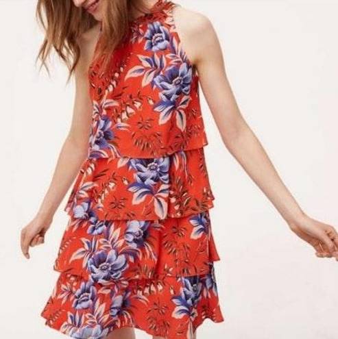 Loft Tropical Orange Floral Ruffle Tiered Dress