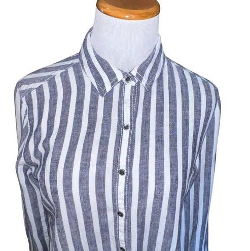 Caslon  LINEN WOMEN BLUE WHITE STRIPED BUTTON DOWN FRONT SHIRT SIZE PETITE SMALL