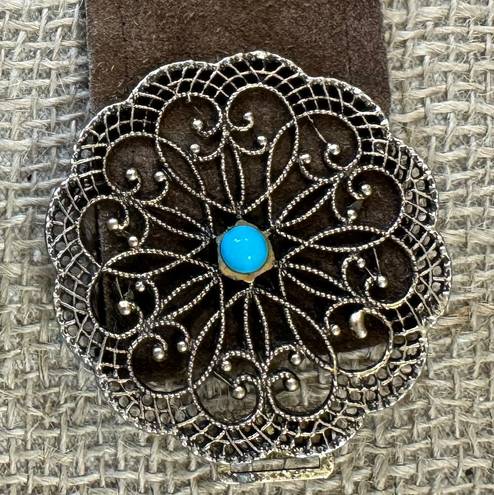 Vintage Brown Suede Leather Belt With Brass & Turquoise Buckle S