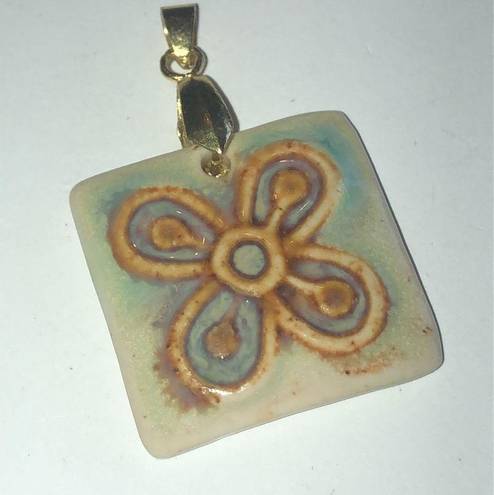 Vintage Gold Tone Floral Ceramic Stone Boho Square Chunky Pendant