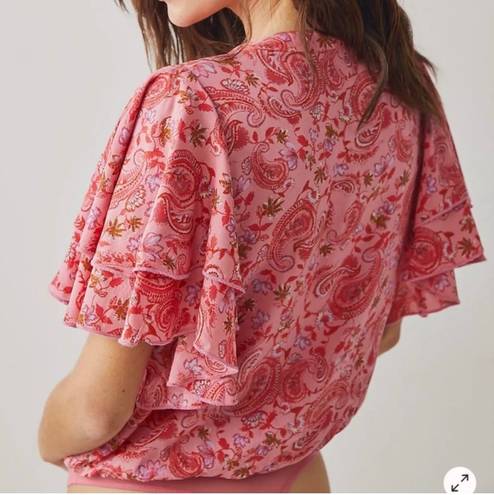 Free People Call Me Later Bodysuit Pink Paisley Ruffled Flutter Sleeve