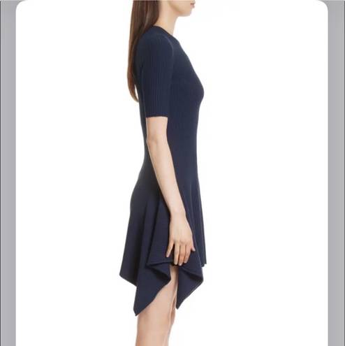 Opening Ceremony Eclipse Delta Marine Navy Short Sleeve Rib Knit Handkerchief Hem Dress $375 EUC S