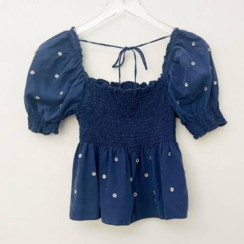 Hill House  Jeweled Jammie Top in Navy Blue Puff Sleeves