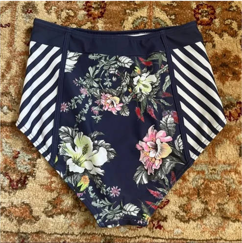 Modcloth High Dive Pippa Blue Floral Striped High Waist Retro Bikini Bottoms S