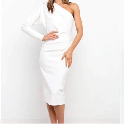 Petal and Pup  Cheyanne White One Shoulder Midi Knit Sheath Dress 10