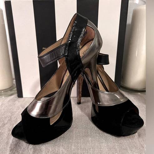 L.A.M.B. Gwen Stefani Platform Heels Blk/Gun Metal Strappy Shoes Sz 7 No Box