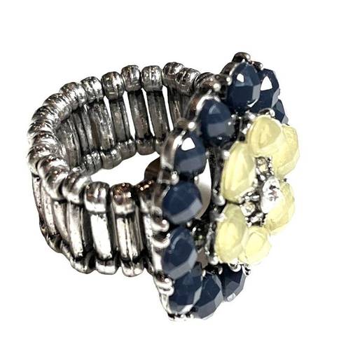 Style & Co NEW Crystal & Glass Stone FLOWER RING 1-1/8” Silver Stretch Blue Yellow Gems