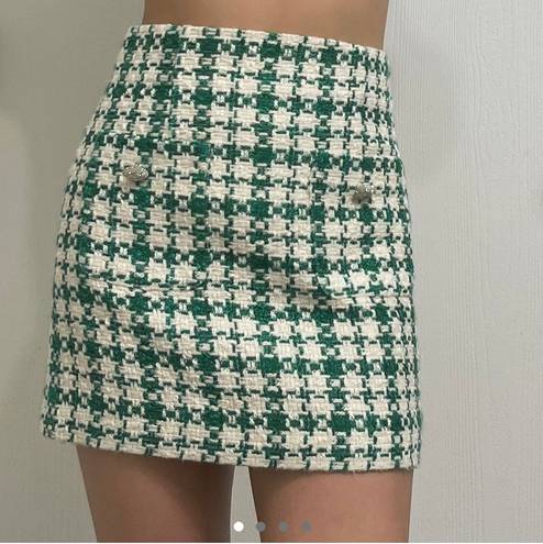 ZARA Green White Bejeweled Knit Plaid Mini Skirt