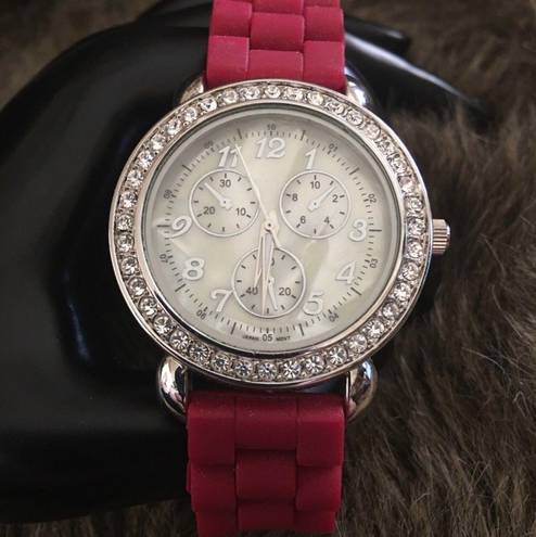 Ladies red soft silicone band rhinestone watch