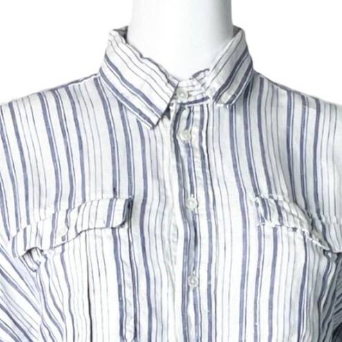 Polo  Ralph Lauren Shirt Womens Small Blue White Stripe Linen Blouse Popover Boxy