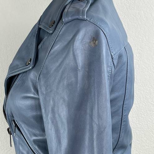 All Saints Balfern Flint Blue Belted Crop Leather Moto Jacket Size 4